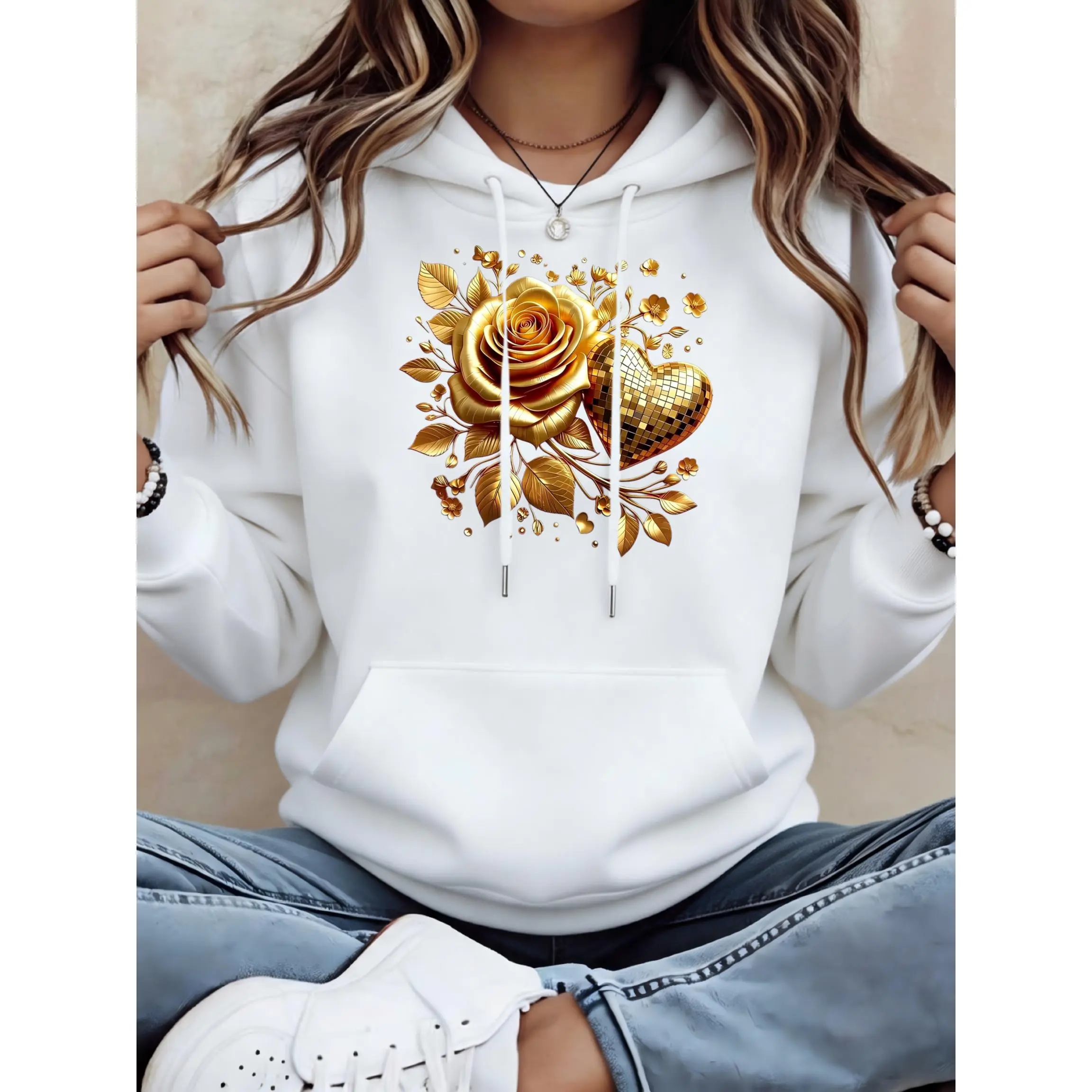 Women's Golden Rose Disco Heart Print Unisex Oversized Hoodie | Soft Breathable Cotton Blend Pullover | Trendy Cozy Loungewear & Streetwear For Daily, Gym, Travel & Fall Vibes