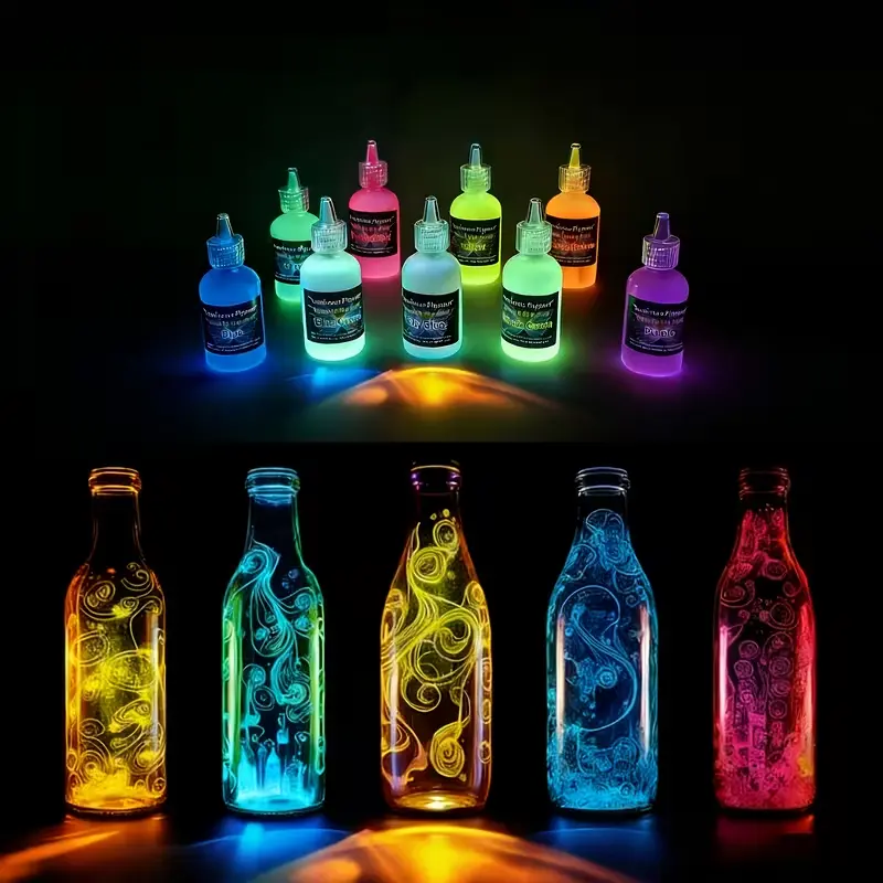 1st/9pcs 9-color luminescent acrylic pigment 30ml/1.01oz UV activated neon fluorescent pigment suitable for DIY painting, art creation, wall painting, graffiti model coloring, long-lasting luster suitable for clothing, shoes, textiles, stone art