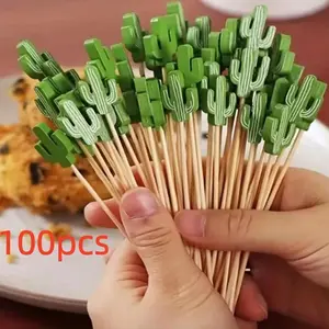100 Creative Cactus Bamboo Cocktail Skewers, Clover Design Leaf Summer Party Decor Supplies, Disposable Fruit Picks for Events