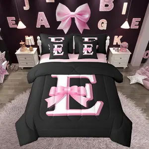 Kids Girls Black Pink Bow Comforter Set with Sheets Monogrammed 7 Piece Bedding Set Personalized Initial E Bed in a Bag with Comforter,Sheets,Pillowcases Modern Fashion Bed Set