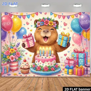 2D Flat Banner 1pc, A Birthday Backdrop Featuring Cartoon Capybaras Wearing Flower Crowns And Holding Gifts Complemented by Cake Cups And Colorful Balloons Adorned with Pink Heart-Shaped Flowers. Made of Durable Poly