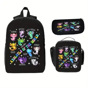 3pcs Kawaii Axolotl Backpack Set - Cute Anime Animal Lover, Fashionable Polyester Printed with Lunch Bag & Pencil Case, Large Capacity Travel Bag, Cosmetics Storage Bag, for, Black, Zipper Closure, Machine Washable, Cute Backpacks