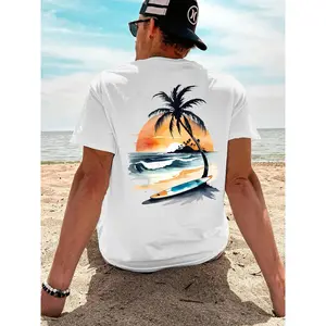 Men'S Tropical Beach Sunset T-Shirt |   Surfboard & Palm Tree Print Tee In Orange, Blue, Gray - Lightweight, Breathable, Machine Washable, Casual & Surf-Themed Apparel, Comfortable Fit, Durable Material, Short Sleeve Top For Surfing, Vacation