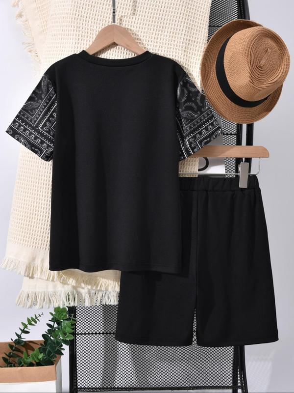 Two-piece Set Boy's Patchwork Print Short Sleeve Top & Shorts, Casual Fashion Round Neck Top & Shorts for Daily Wear, Kids Summer Clothes