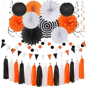 Black White Orange Halloween Party-Decorations - 33 count Birthday Banner,Streamers Tassel Garland,Paper Lantern Fans,Tissue Pom Poms,Bachelorette  Bridal Shower Graduations Backdrop Decor