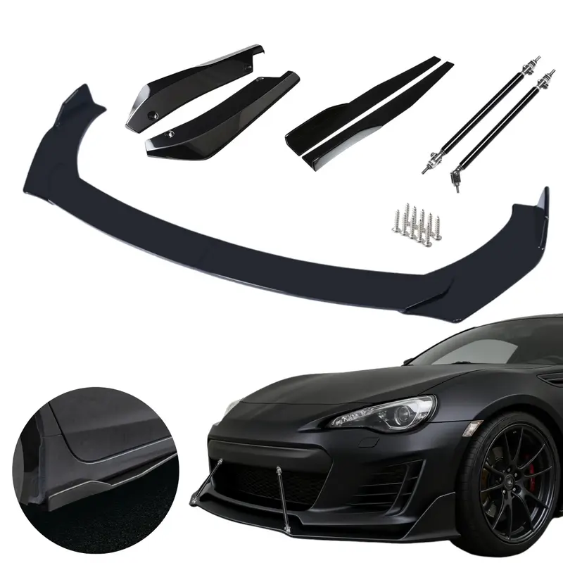 Glossy Front Bumper Lip Kit, Universal Car Bumper Protection Kit - Adjustable 4-Section Front Bumper Lip, Black Chin Spoiler Splitter, Rear Lip & Side Skirt, Easy Install & Durable Design, Fits Honda Toyota Mazda Nissan Ford Mercedes-Benz Hyundai Subaru