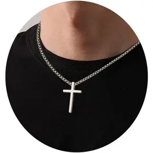 YADOCA Sterling Silver Cross Necklace for Men - Silver Black Gold Mens Cross Necklaces Chain CCross Pendant Necklaces 2.5mm Stainless Steel Cross Chain 18-22 Inch 1PCS