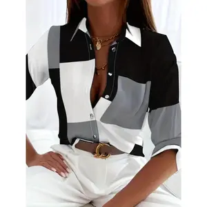 Casual Long Sleeve Color Block Patchwork Shirt - Women's Button Front Shirt Fabric Womenswear