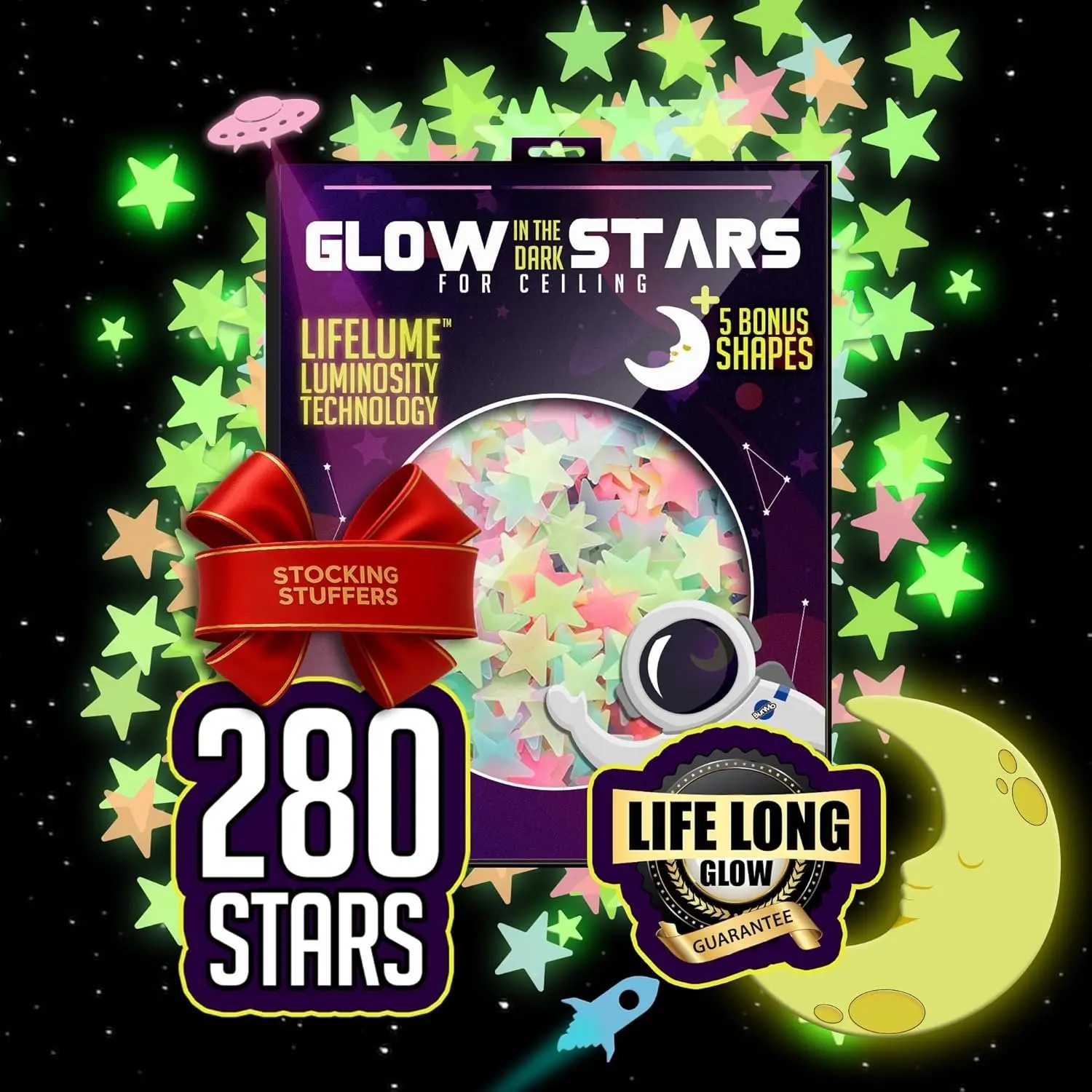 280 count Glow in The Dark Stars - Stocking Stuffers for  - Glow Stars for Ceiling  Long Lasting   with Moons &  for  Bedroom,  & Room Decor