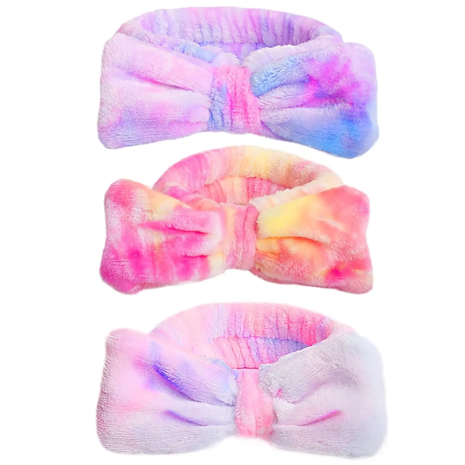 Spa Headband for Women & Teen Girls Fuzzy Makeup and Skincare Headbands Soft Stretch Hair Band for Washing Face Facial Shower or Spa Use in Pastel Tie Dye
