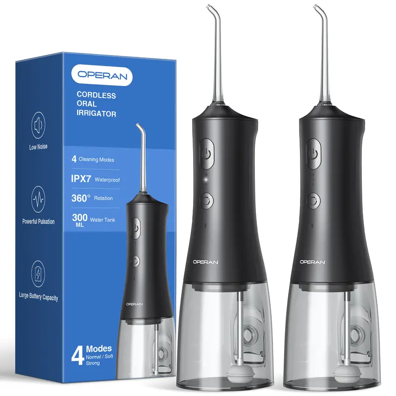 Operan Water Flosser - Upgraded 300ml Cordless Portable Travel Size Oral Irrigator with IPX7 Waterproof, 4 Modes, 4 Jet Tips, USB Port, 1 Universal USB Cable, Black, Storage, Mother's Day Gift for Home Travel