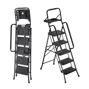5 Step Ladder, Folding Step Stool With Wide Anti-Slip Pedal, Tool Tray, Dual Side Handrails, 600 Lbs Capacity Portable Steel Ladder, Multi-Use For Kitchen, Home, Household And Office, Indoor And Outdoor DIY, Black