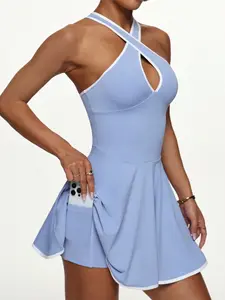 Women's Sporty Dress, Sexy Hollow Out Cross Strap Tennis Outdoor Exercise Dress, Anti-Slip Underwear Shorts, Elastic Comfortable Sports Skirt, Solid Sports Dress