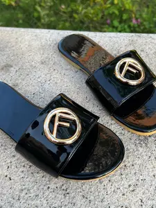 Summer New Luxury Style Metal Logo Sandals, Glossy One-Strap Flat Slip-On Shoes for Women, Casual Commute Beach Footwear