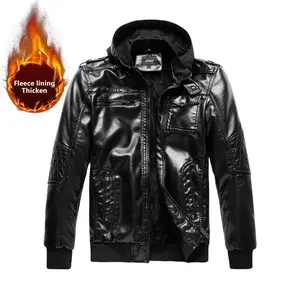 One men’s hooded faux leather jacket with fleece lining, urban casual style. Hood design with contrasting colors, multiple pockets, and diamond stitching details at the elbows. Soft faux leather fabric drapes comfortably, slim fit that enhances the silhou