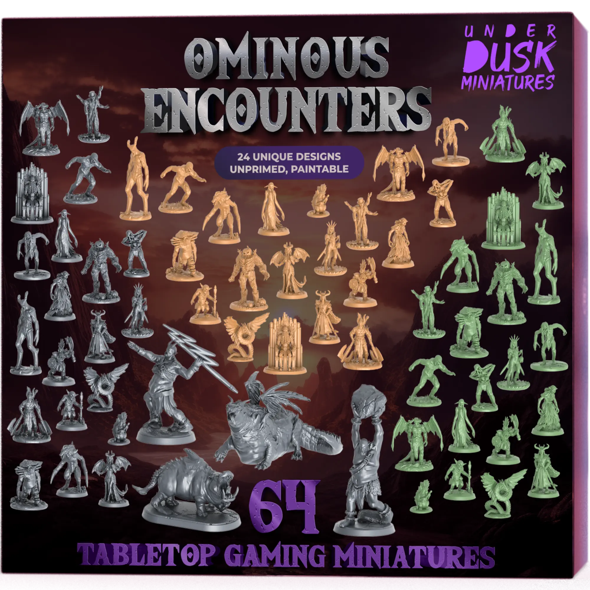 Underdusk Ominous Encounters - 64 DnD Minis | 4 Boss Figures | Stat Blocks Included Tabletop Paintable