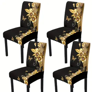 [4pcs/6pcs Chair Covers] 4pcs/6pcs Black Coffee Color Block Bottom, Digital Printed Elastic Chair Covers with Golden Yellow Flowers And Butterflies, Suitable for Home Dining Chairs, Hotels, Gardens, Other Chair Decoration Arrangements; High-Elastic Fabr