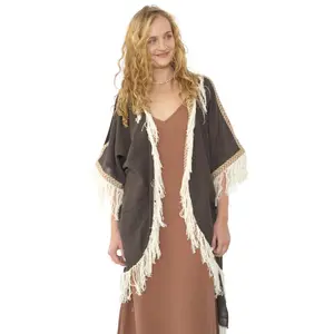 Linen Fringe Shrug Cacao 100% Organic Cotton Open Back Bohemian Style Women's Festival Wear Eco-Friendly Clothes