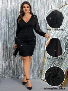 Rometta Plus Size Shiny V-Neck Mesh Lantern Sleeve Pleated Fitted Dress – Elegant Fall Party Dress for Women