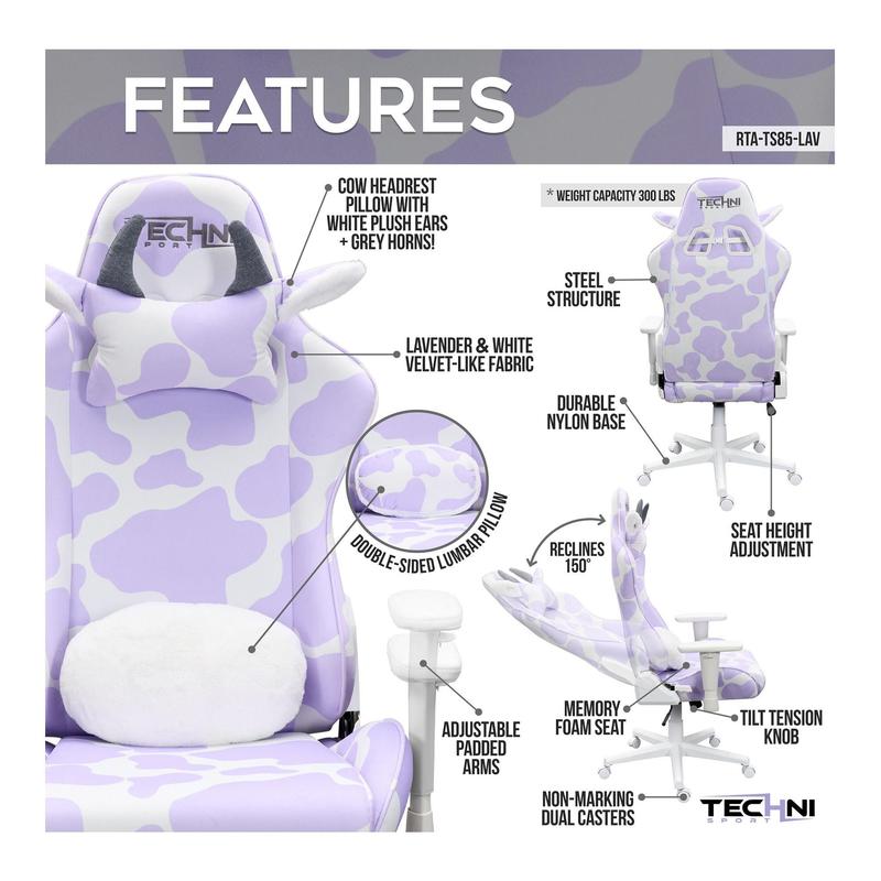 Techni Sport Cow Print Memory Foam AdjustablePC Gaming Chair
