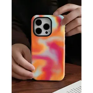 Abstract Pattern Blending Orange, Red, Pink And Blue Two-In-One Texture Phone Case Suitable For Compatible With Iphone17,17AIR,16, 15, 14, 13, 12, 11, PRO MAX,PLUS,X,XS,As Well As , Galaxy S21/22/23/24/25 Ultra/FE+