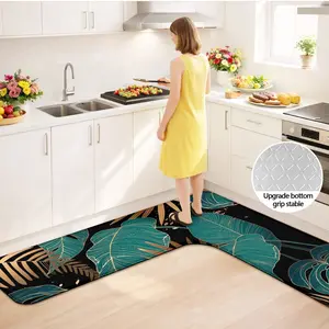 L-shaped tropical monstera leaf patterned floor mat, with silicone non-slip backing, multi-purpose for kitchen, bathroom, bedroom, suitable for home decoration