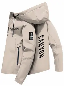 Men's Lightweight Polyester Fashion Hooded Jacket, Canyon Letter Print, Full Zip Front, Casual Outdoor Spring Fall Summer Coat