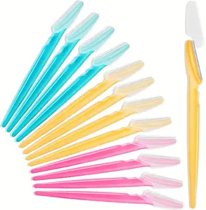 12-Piece Eyebrow Razor Set Multipurpose Exfoliating Dermaplaning Tool for Face Facial & Eyebrow Shaper with Precision Covers for Women Men Use Stainless Steel Blades Portable 5.7" Length Pink Blue Yellow Colors Makeup Compact