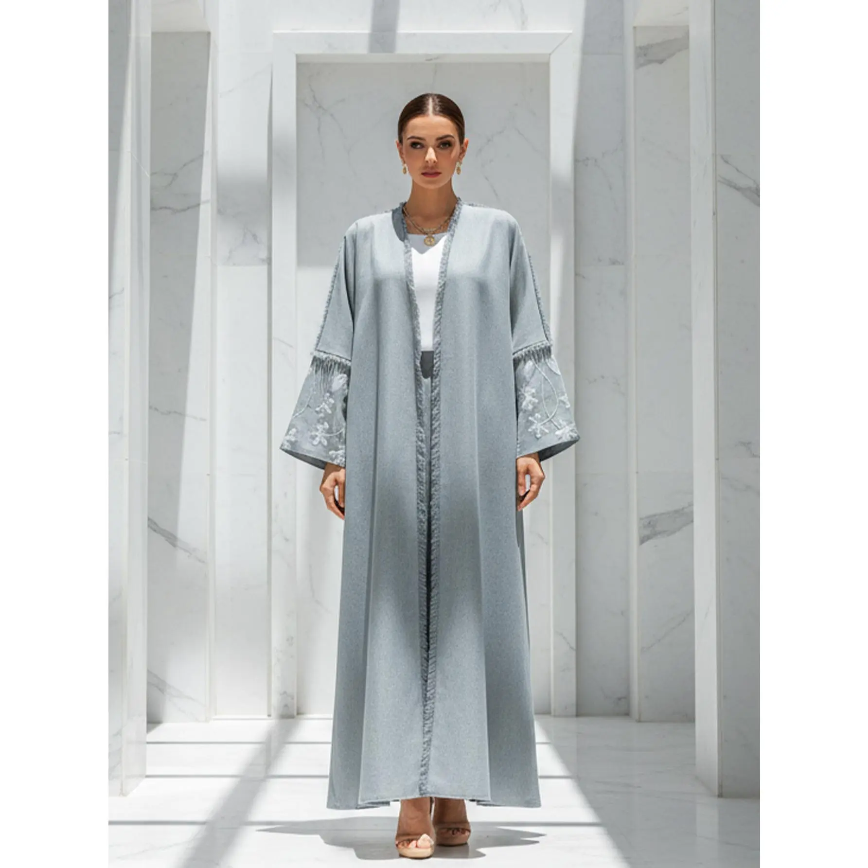 Women's Minimalist Slate Grey Open Front Embroidery Abaya - Floral Embroidered Kimono, Free Size, Ideal for Ramadan, Daily Modest Wear