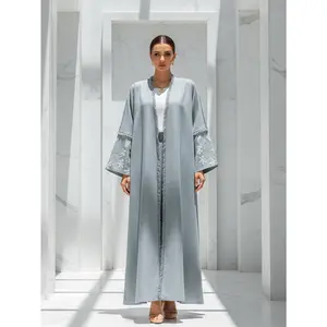 Minimalist Slate Grey Open Abaya Floral Embroidered Kimono | Free Size One-Size-Fits-All | Perfect for Ramadan, Eid, Prayer & Daily Modest Chic