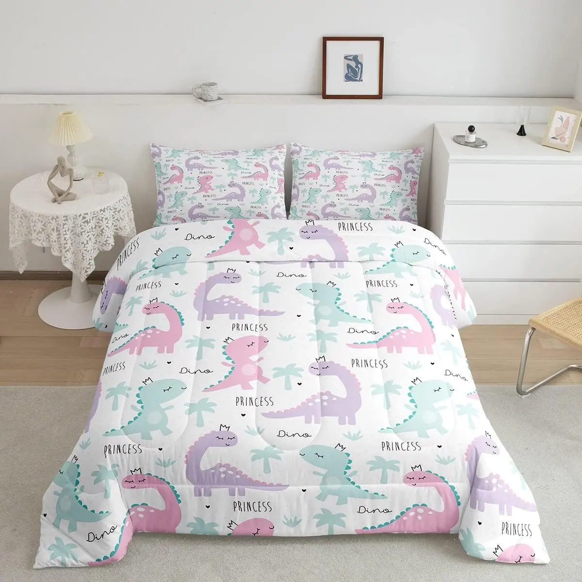 Feelyou King Size Breathable Microfibre Dinosaur Comforter Set - Pink-Purple Print, Kawaii Cartoon Quilt, Kids Girls' Cute Animal Bedding, Machine Washable, Low Tumble Dry, Bedroom Cozy Setup, RV/Guest Room Decor, Animals, Kawaii Cartoons