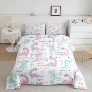 Dinosaur Comforter Set,Pink Purple Dinos Bedding Sets for Kids Girls Lovely Cute Animals Comforter,Kawaii Cartoon Quilt Duvet Room Decor