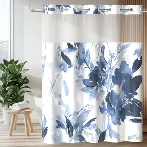 Colorful Star Floral Shower Curtain with Snap in Liner, Blue Ink Flowers Cloth Bath Curtain, No Hook Shower Curtains with Mesh Top Window, 72 x 75 Inch Fabric Waterproof Bathroom Curtain Set