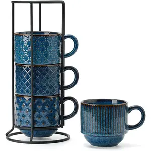 Large Ceramic Coffee Mug Set of 4 with Stand, 15 Oz Stackable Different Embossment Ribbed Latte Cup Set for Cappuccino, Tea, Hot Cocoa, Drinks - Dishwasher & Microwave Safe, Blue