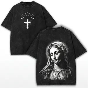 valentine shirts Blessed Mother Oversized Tee – Washed Heavy Cotton Faith Streetwear with Sacred Icon Print