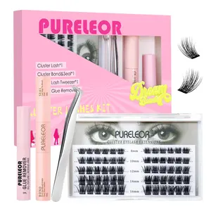 PURELEOR Cluster Lashes Kit Individual Lash with Bond and Seal Remover Tweezers DIY Eyelash Extensions Set Clusters Fluffy Homemade Mixed 8-16mm Wispy D curl (8mm 10mm 12mm 14mm 16mm)