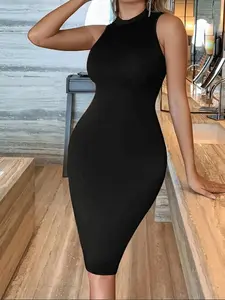Women's Solid Color Dress, Fashion Minimalist Casual Basic Sleeveless Bodycon Dress for Daily Outdoor Wear, Ladies Clothes for All Seasons