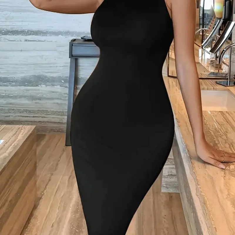 I8056 New Summer Plain Long Dress, Mid Waist Bodycon Dress, Bodycon Stretch, Casual Minimalist All-Season Fashion, Unlined Plain Surface, Made in China