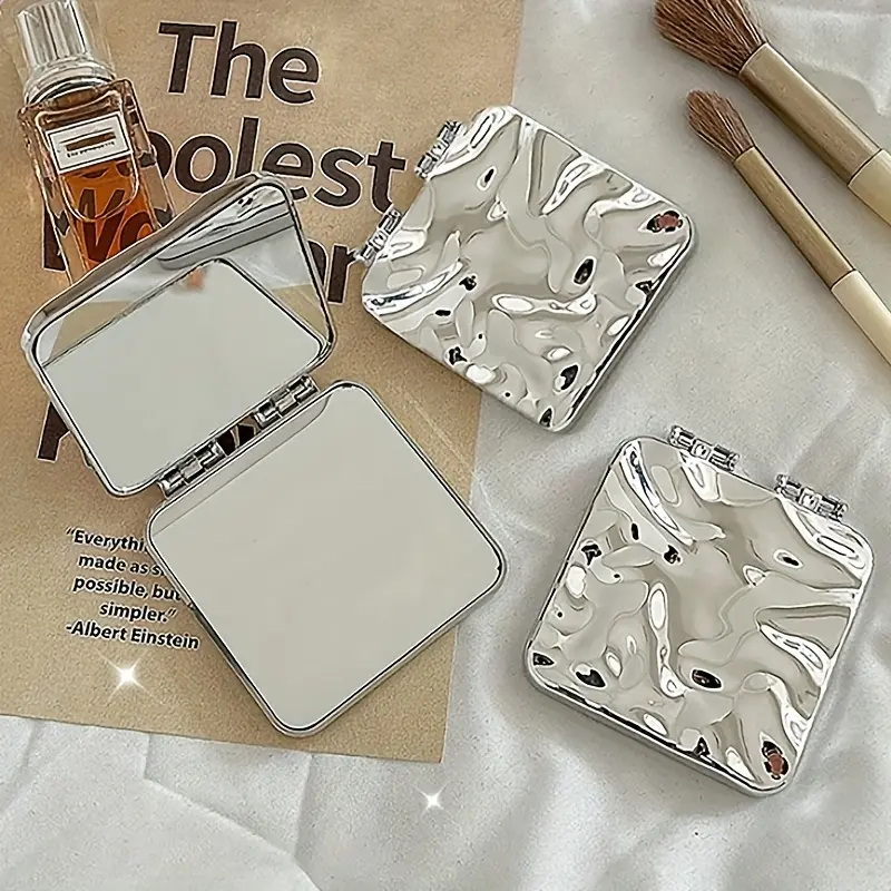 Wave Pattern Square Mirror, Foldable Pocket Makeup Mirror, Double-Sided Compact Makeup Mirror, Portable Travel Mirror for Women and Moms Gift Silver