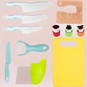 Montessori Kids Knife Set – 11 Pieces Wooden Cooking Knife for Toddlers, Serrated Edges Plastic Kitchen Knife, Child-Safe Kitchen Accessories, Christmas Gift for Boys & Girls