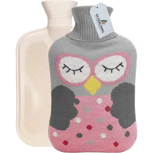 Hot Water Bag Hot Water Bottle 2 Liter Heat Up and Refreezable Hot Cold Pack with Knit Cover for Pain Relief Hot Cold Therapy, Cartoon Owl