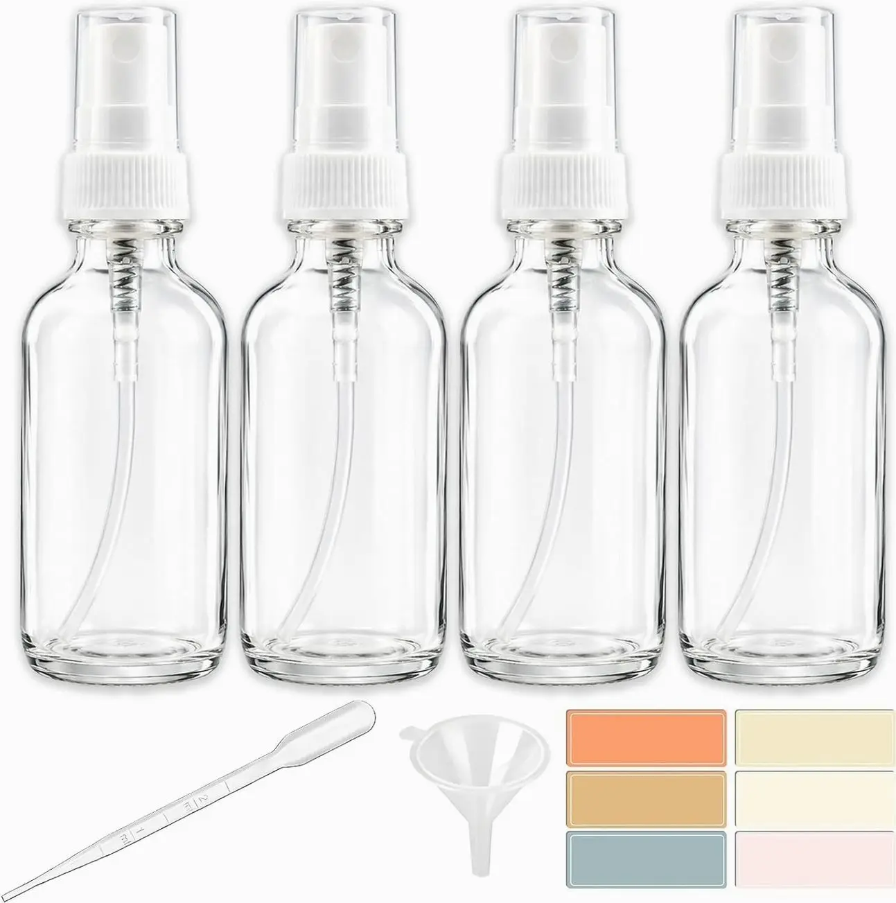 Zkupanx 4 Pack 2oz Clear Glass Spray Bottles with Labels, Funnel & Pipette