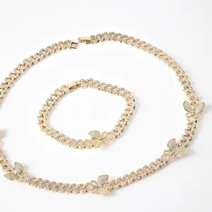 Female Elegant Butterfly and Rhinestone Jewelry Set - 16" Chain Necklace, 7" Bracelet, 5mm Width, Gold Tone