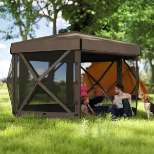 12' x 12' Hexagonal Pop Up Gazebo Canopy Tent with 5 Sidewalls Outdoor Canopy Shelter Brown Quick Setup Breathable Protective UPF30+ Top Cover Stable Fiberglass Structure