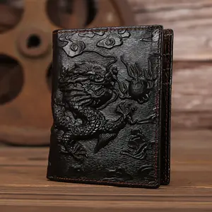 Genuine Leather Top Grain Cowhide Vintage Dragon Embossed Men's Bifold Vertical Wallet with Polyester Lining, Coffee Brown