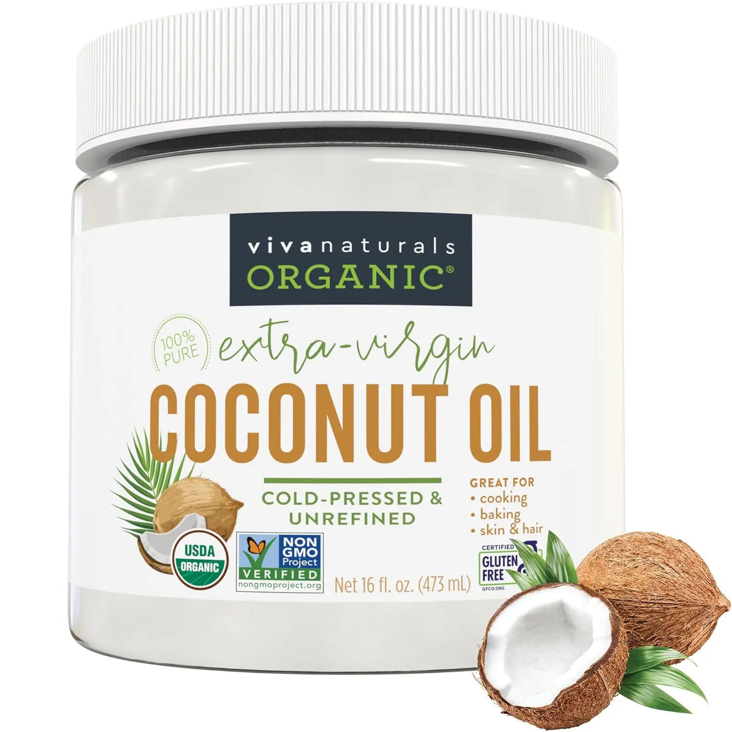 Viva Naturals Organic Coconut Oil, 32 fl oz – Unrefined, Cold-Pressed Extra Virgin Coconut Oil, USDA Organic & Non-GMO, Natural Cooking Oil, Hair Oil & Skin Oil