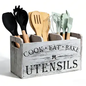 Wooden Kitchen Utensil Holder with 3 Compartments, Utensil Storage Organizer for Kitchen Counter,Utensil Crock for Silverware Spoon Spatula, Farmhouse Decor & Rustic Cooking Tools Storage(White)