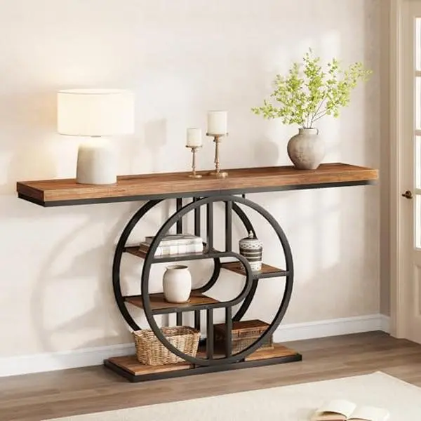 55 Inch Industrial Console Table, 4-Tier Entryway Table with Circle Base, Sofa Table Behind Couch, Narrow Accent Table for Entryway, Hallway, Round Metal Frame,
