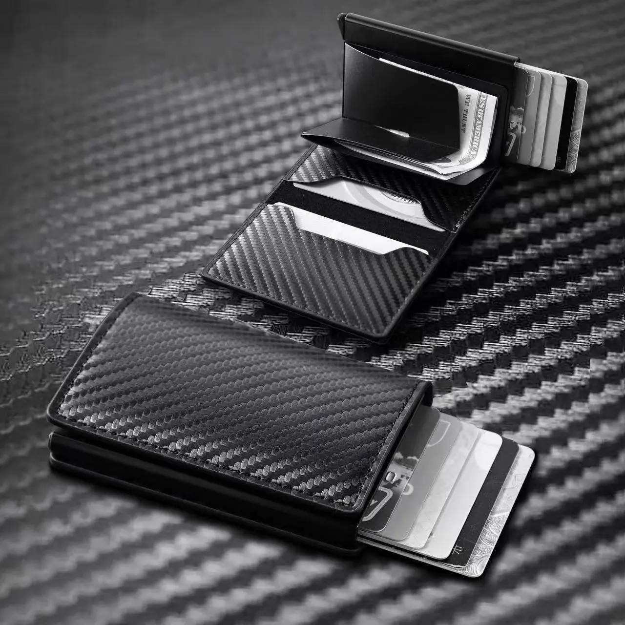 GOODBEE Men's Carbon Fiber RFID Wallet – Ultra Slim Aluminum Card Holder with Automatic Pop-Up Card Access (Fits cards up to 2.12" x 3.37") – Father's Day Gift