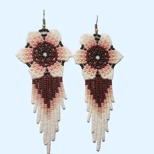 Beaded Earrings with Floral Design and Fringe Detailing in Pink, White, and Maroon Colors